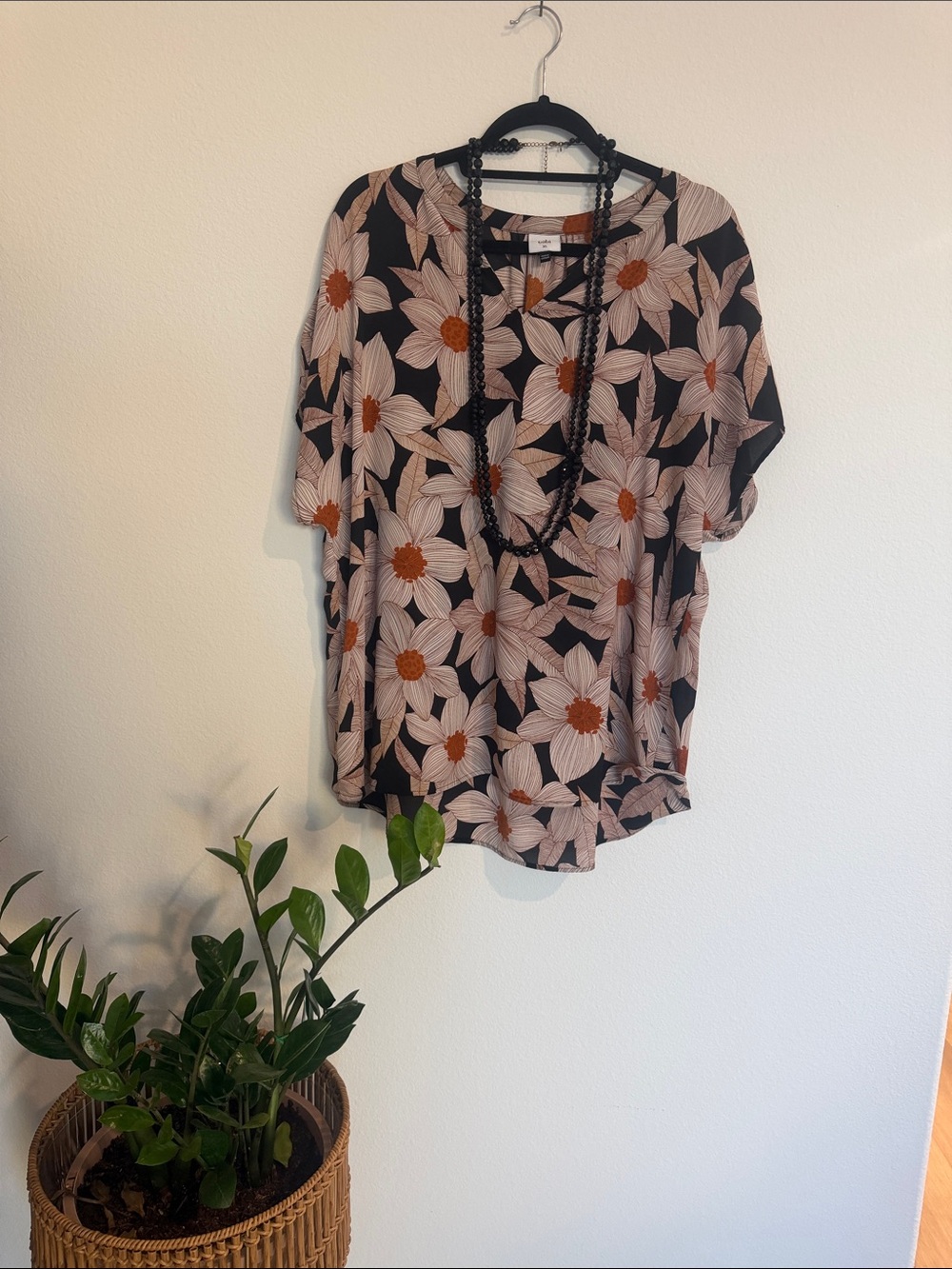 CAbi Black Blouse with Peach Floral Print
